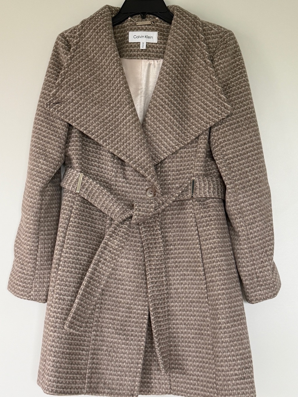 Calvin Klein Wool Blend Belted Wrap Coat Taupe Houndstooth M NWT